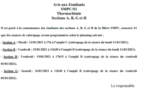 Lire la suite à propos de l’article Avis aux Etudiants SMPC/S1 Thermochimie Sections A, B, G et H