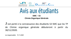 Lire la suite à propos de l’article Avis aux étudiants SMC – S3 Chimie Organique Générale