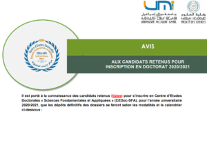 Read more about the article AVIS AUX CANDIDATS RETENUS POUR INSCRIPTION EN DOCTORAT 2020/2021