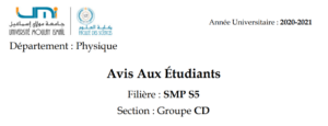 Lire la suite à propos de l’article Avis Aux Étudiants Filière : SMP S5 Section : Groupe CD