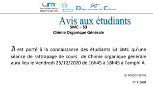 Lire la suite à propos de l’article Avis aux étudiants SMC – S3 Chimie Organique Générale