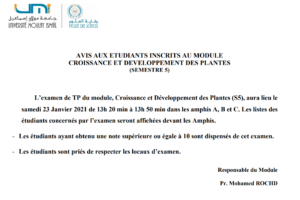 Lire la suite à propos de l’article AVIS AUX ETUDIANTS INSCRITS AU MODULE  CROISSANCE ET DEVELOPPEMENT DES PLANTES (SEMESTRE 5)
