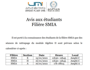 Lire la suite à propos de l’article Avis aux étudiants Filière SMIA