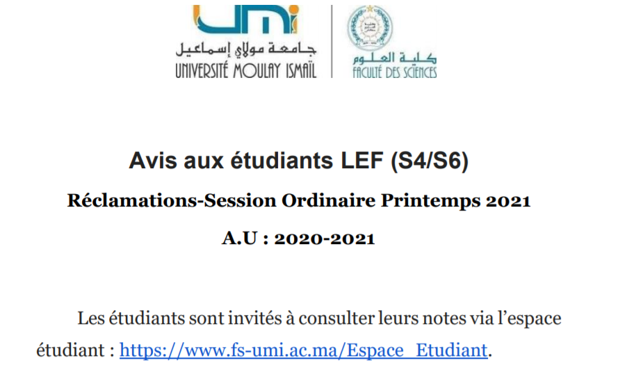 Lire la suite à propos de l’article Avis aux étudiants LEF (S4/S6) Réclamations-Session Ordinaire Printemps 2021