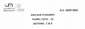 Lire la suite à propos de l’article Avis aux étudiants SVTU S2 Sections: C et D