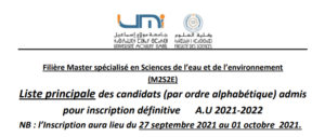 Lire la suite à propos de l’article Liste principale des candidats (par ordre alphabétique) admis<br>pour inscription définitive A.U 2021-2022-M2S2E