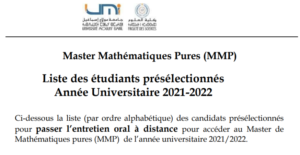 Read more about the article Master Mathématiques Pures (MMP)<br>Liste des étudiants présélectionnés<br>Année Universitaire 2021-2022