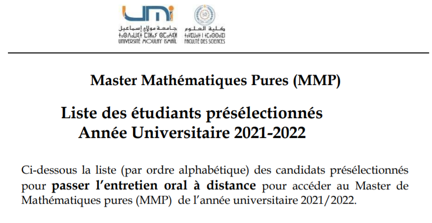 Lire la suite à propos de l’article Master Mathématiques Pures (MMP)<br>Liste des étudiants présélectionnés<br>Année Universitaire 2021-2022