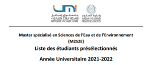 Lire la suite à propos de l’article Master spécialisé en Sciences de l’Eau et de l’Environnement<br>(M2S2E)<br>Liste des étudiants présélectionnés<br>Année Universitaire 2021-2022