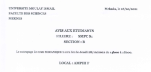 Lire la suite à propos de l’article Avis aux étudiants SMPC S1 SECTION B