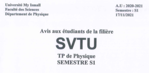 Lire la suite à propos de l’article Avis aux étudiants de la filière SVTU-TP Physique SVTU S1