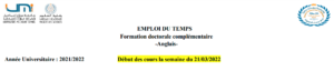 Lire la suite à propos de l’article EMPLOI DU TEMPS Formation doctorale complémentaire -Anglais-
