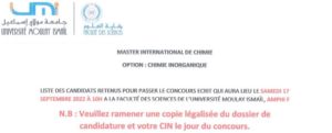 Lire la suite à propos de l’article Liste des candidats retenus pour passer le concours écrit – Master International de Chimie Option : Chimie Inorganique