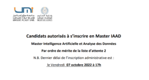 Lire la suite à propos de l’article LISTE D’ATTENTE N°2 – MASTER INTELLIGENCE ARTIFICIELLE ET ANALYSE DES DONNÉES