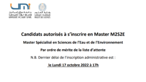Lire la suite à propos de l’article Liste d’attente N°1 – Master Spécialisé Sciences de l’Eau et de l’Environnement (M2S2E)