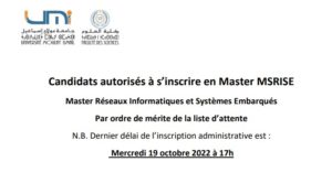 Lire la suite à propos de l’article Liste d’attente N°4 – Master Réseaux Informatiques et Systèmes Embarqués