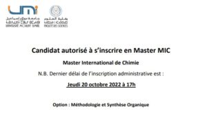 Lire la suite à propos de l’article Liste d’attente N°3 –  Master International de Chimie