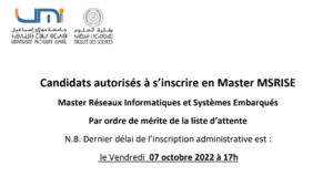 Lire la suite à propos de l’article Liste d’attente N°1 – Master Réseaux Informatiques et Systèmes Embarqués