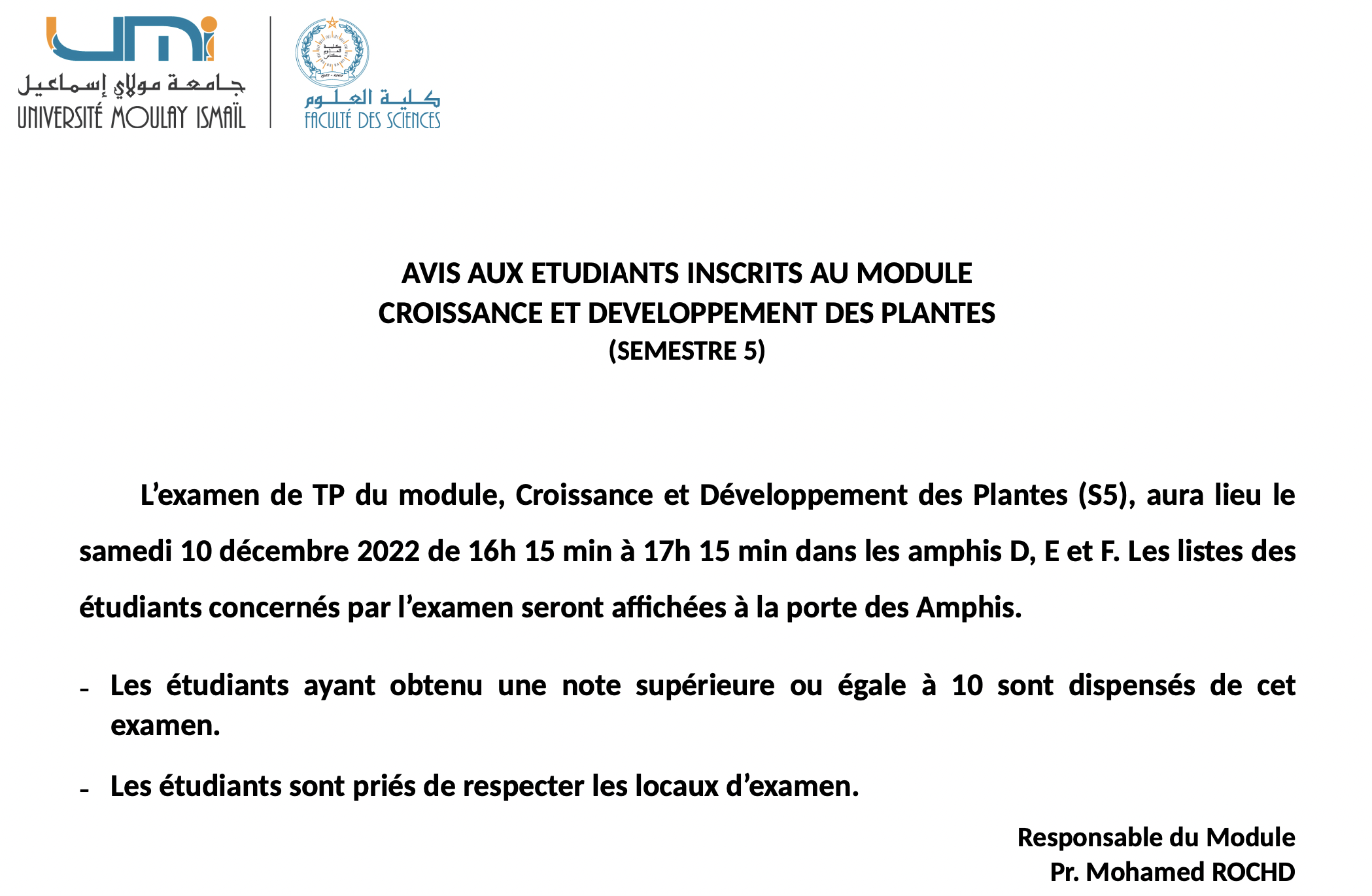 Lire la suite à propos de l’article AVIS AUX ETUDIANTS INSCRITS AU MODULE CROISSANCE ET DEVELOPPEMENT DES PLANTES (SEMESTRE 5)