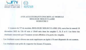 Lire la suite à propos de l’article Avis aux étudiants inscrits au module Biologie Moleculaire- S5