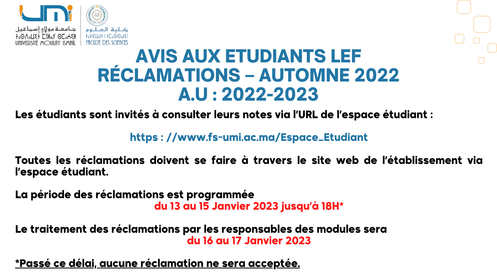 Lire la suite à propos de l’article AVIS AUX ETUDIANTS LEF Réclamations – Automne 2022 A.U : 2022-2023