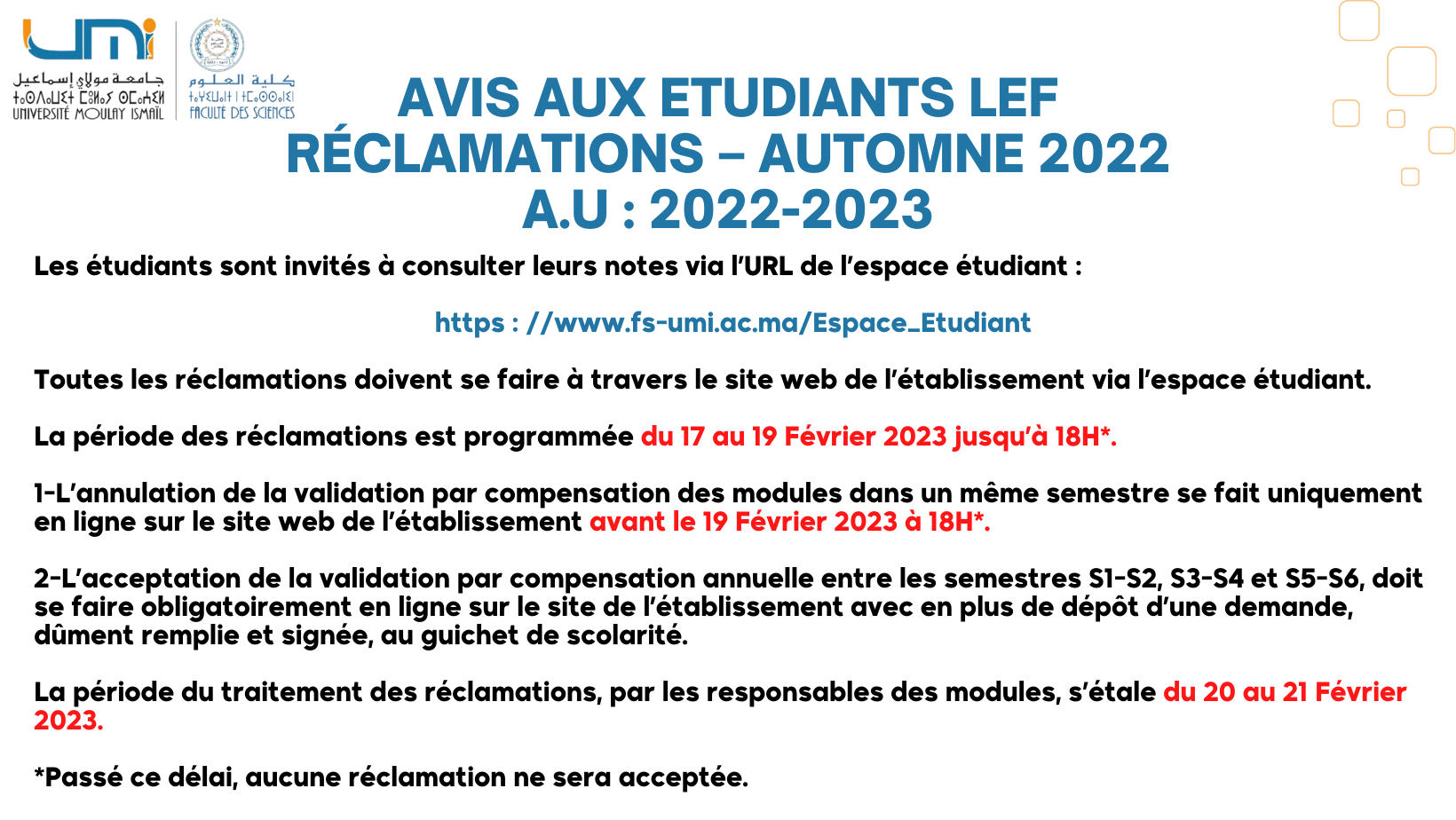 Lire la suite à propos de l’article AVIS AUX ETUDIANTS LEF Réclamations – Automne 2022 – A.U : 2022-2023