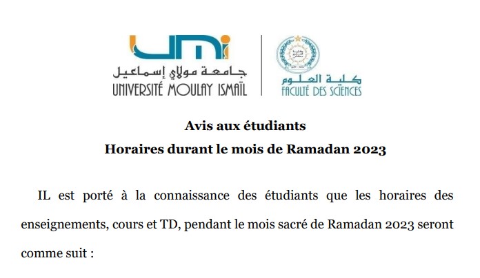 Lire la suite à propos de l’article Avis aux étudiants – Horaires durant le mois de Ramadan 2023