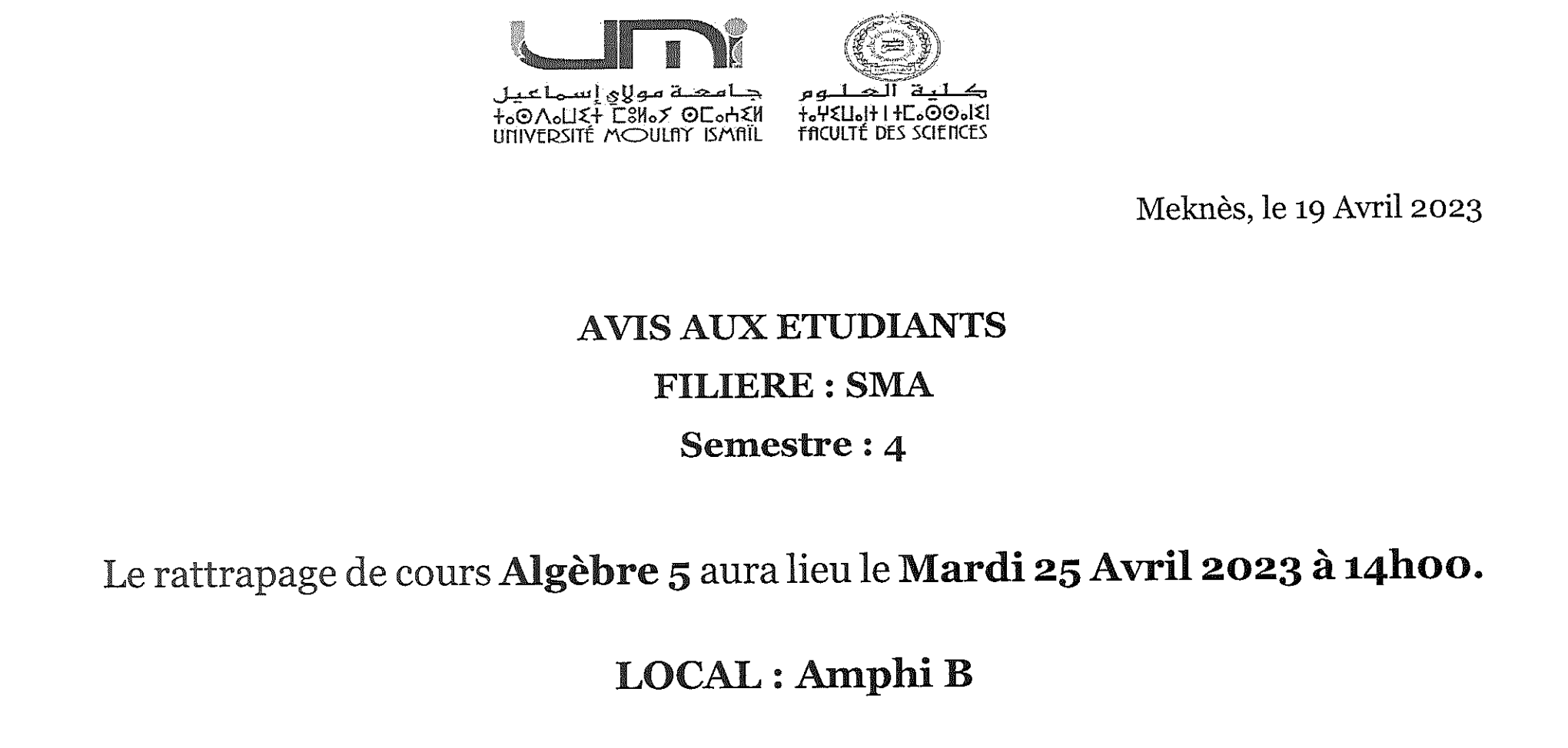Lire la suite à propos de l’article Avis aux étudiants SMA4