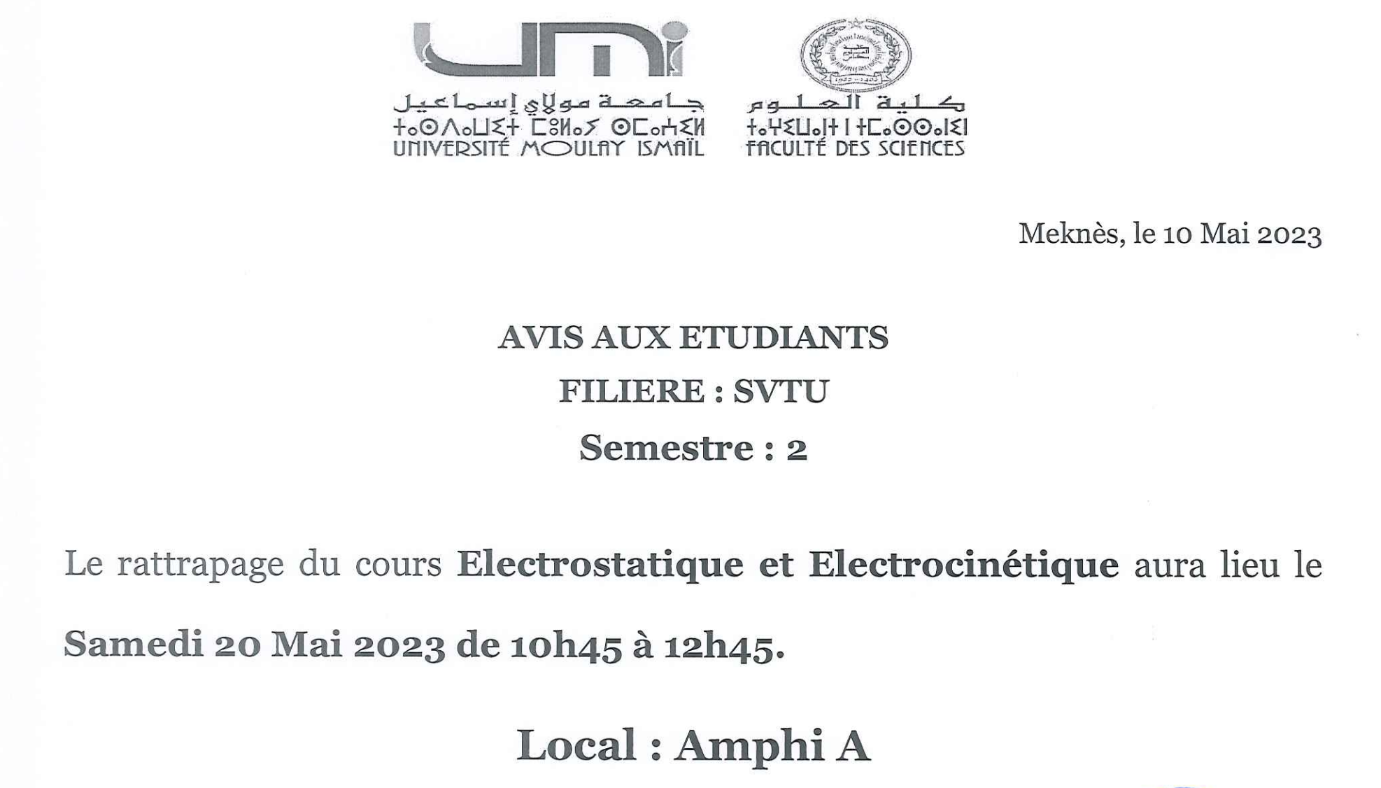 Lire la suite à propos de l’article Avis aux étudiants – SVTU S2