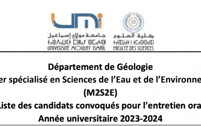 Liste des candidats convoqués pour l’entretien oral Année universitaire 2023-2024 – Master spécialisé en Sciences de l’Eau et de l’Environnement (M2S2E)