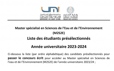 Liste des candidats sélectionnés à l’examen écrit Master spécialisé en Sciences de l’Eau et de l’Environnement  2023/2024