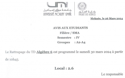 Avis aux étudiants SMA IV – Groupes :A2-A4