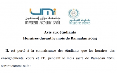 Avis aux étudiants – Horaires durant le mois de Ramadan 2024