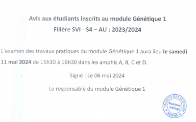 Avis aux étudiants inscrits au module Génétique 1 – SVI S4 2023/2024