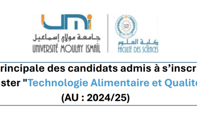 Liste principale des candidats admis à s’inscrire au Master “Technologie Alimentaire et Qualité” (AU : 2024/25)